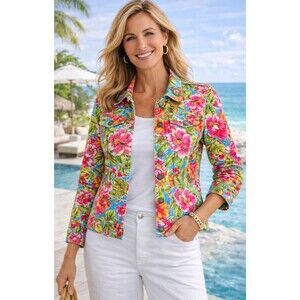 Chico’s Tropical Floral Jacket Cotton Stretch Bright Print Sz 2 L